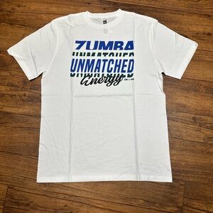 Zumba Fitness White Tee with Blue and Black Graphic